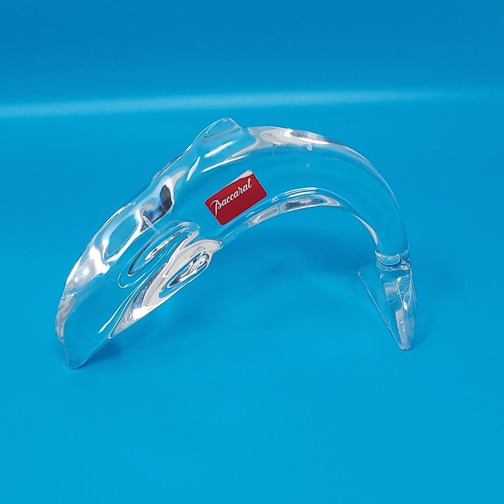 Baccarat Diving Dolphin Sculpture Clear Signed on Tail Label 4.5" Made in France